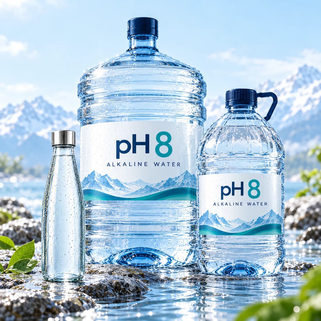 Illustrative pH 8 alkaline water jugs and a glass drinking bottle