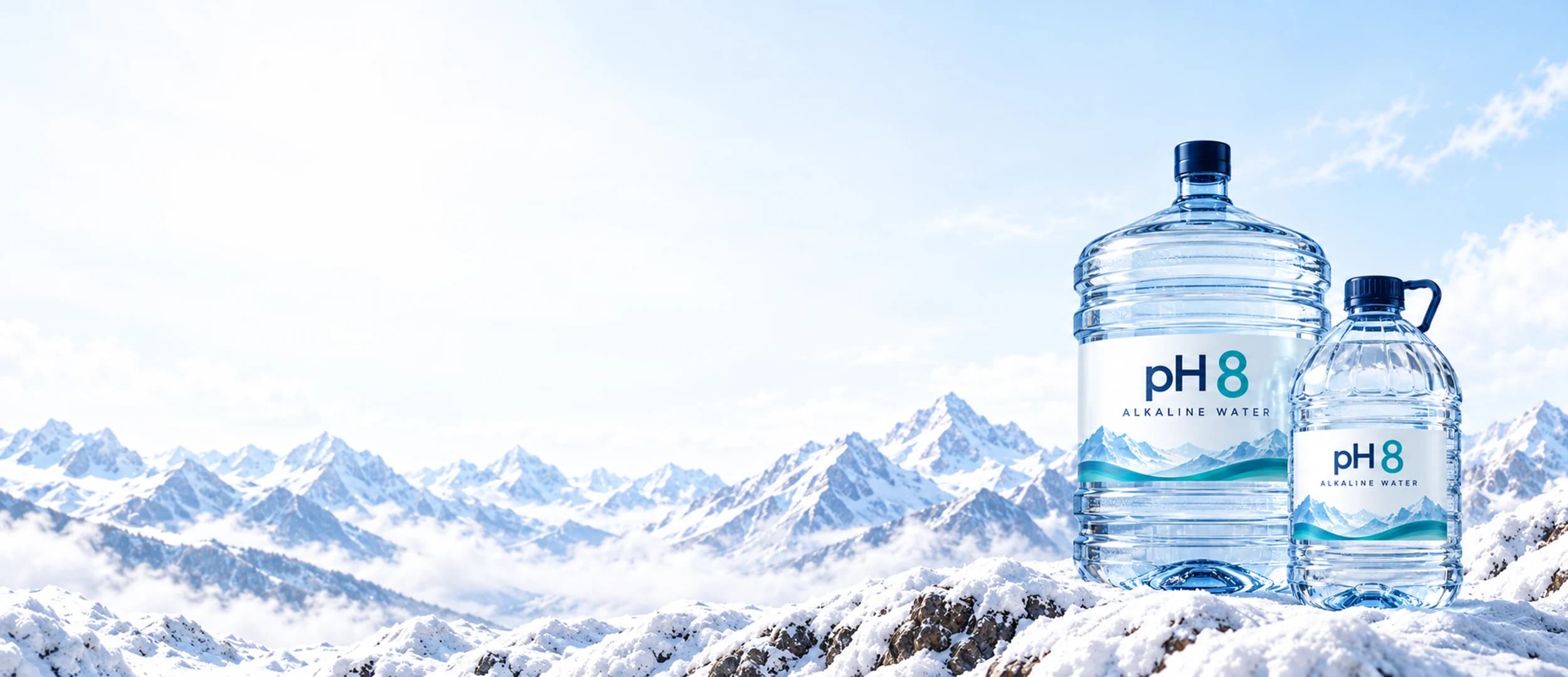 Illustrative pH 8 alkaline water jugs against a snowy mountain landscape